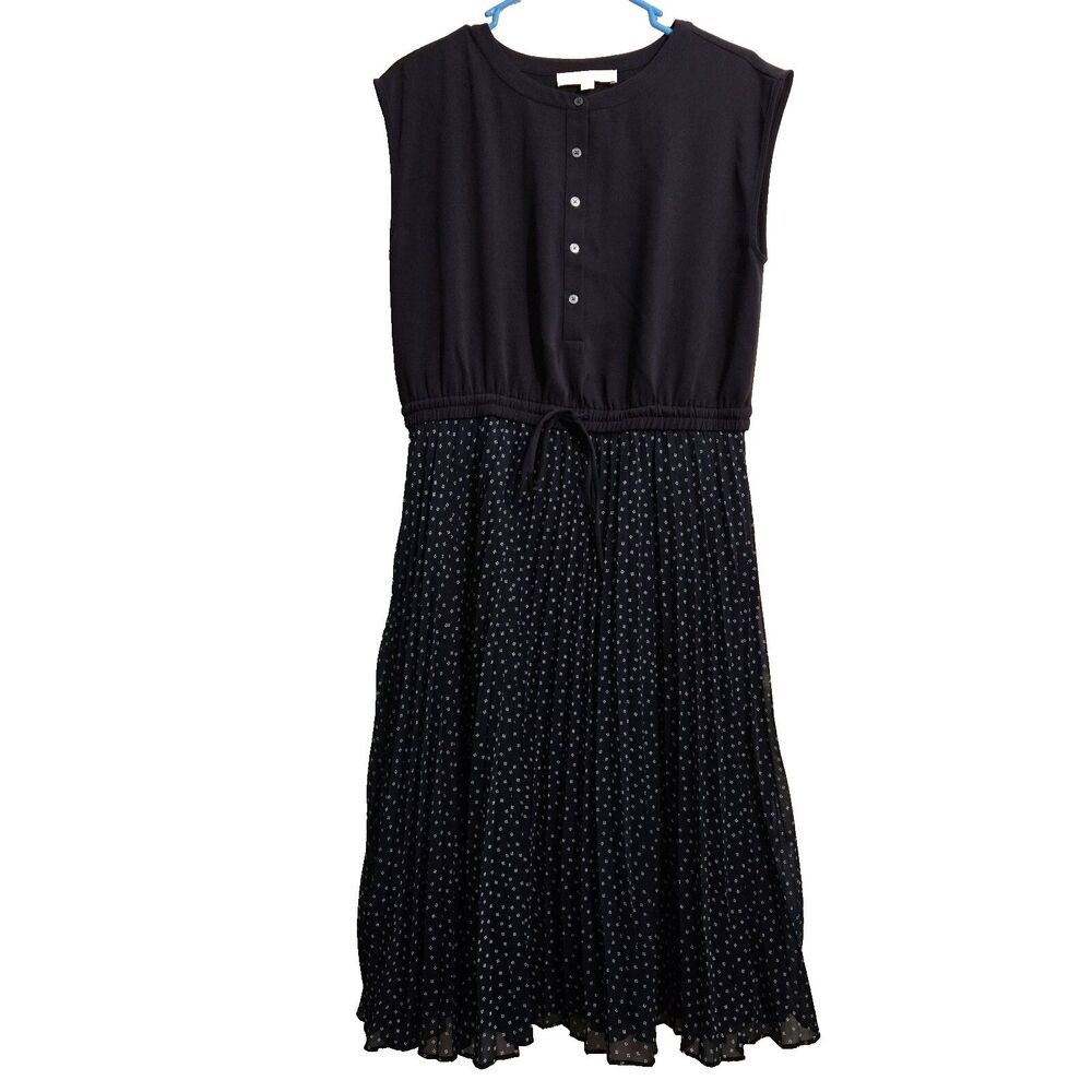 LOFT Women 8 Navy Pleated Lined Geometric Sleeveless Drawstring Midi Dress